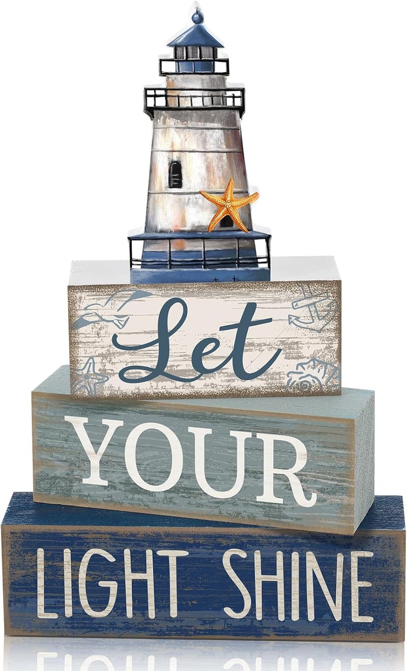 Lineshading 4 Pcs Beach Coastal Table Decor Wooden Lighthouse Decoration with Starfish Summer Tiered Tray Decor Blue and White Ocean Centerpieces Rustic Beach House Nautical Decorations for Home Shelf - Image 1